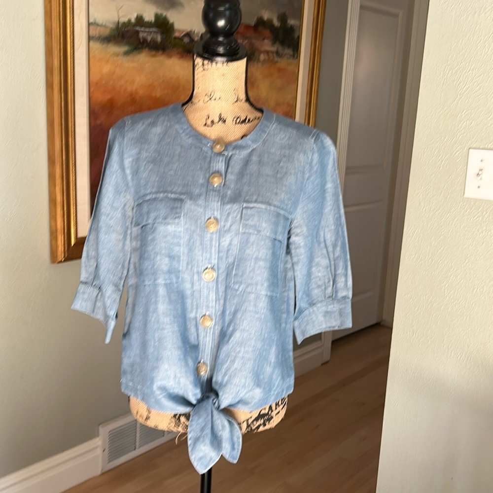 Ann Taylor, Linen 60%/Cotton 40%,Front Tie Crop Top, Size Small
